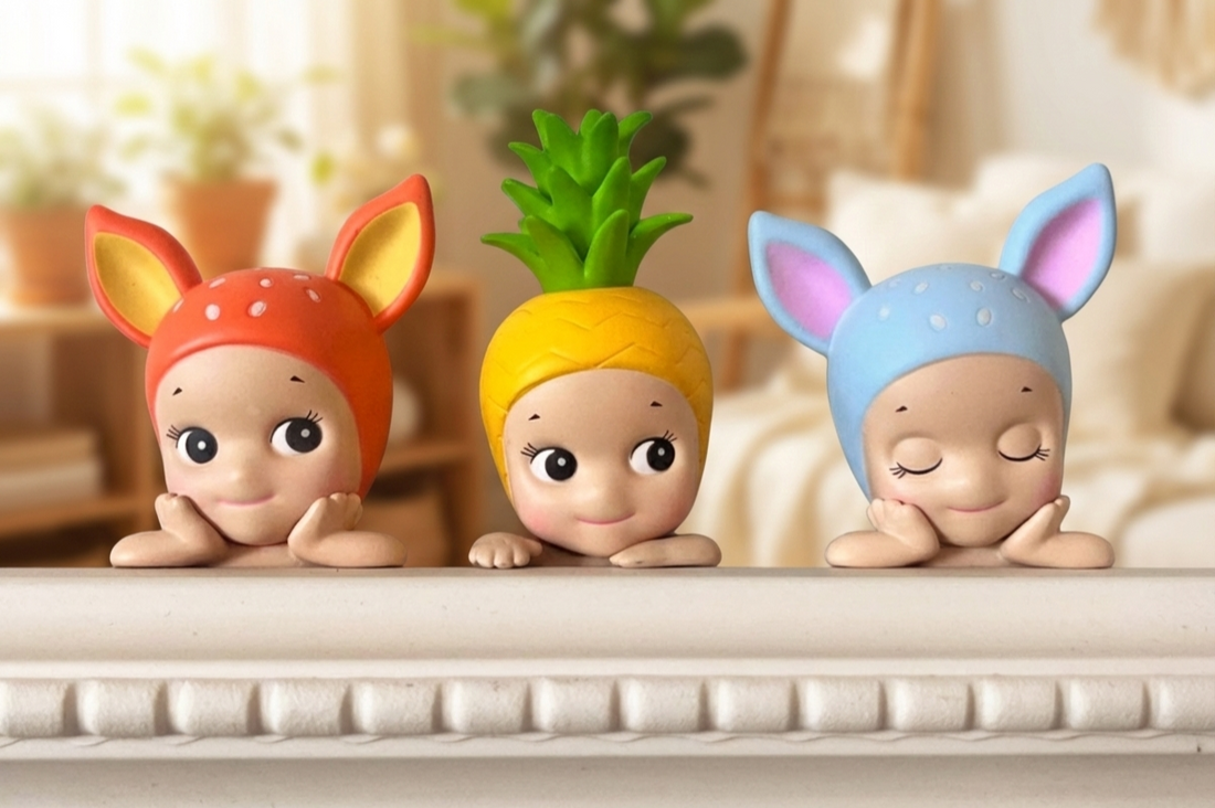 Close-up of Sonny Angel Hippers figures resting on a shelf, showcasing deer, pineapple, and mouse characters with soft pastel colors from the sonny angel hippers lineup.