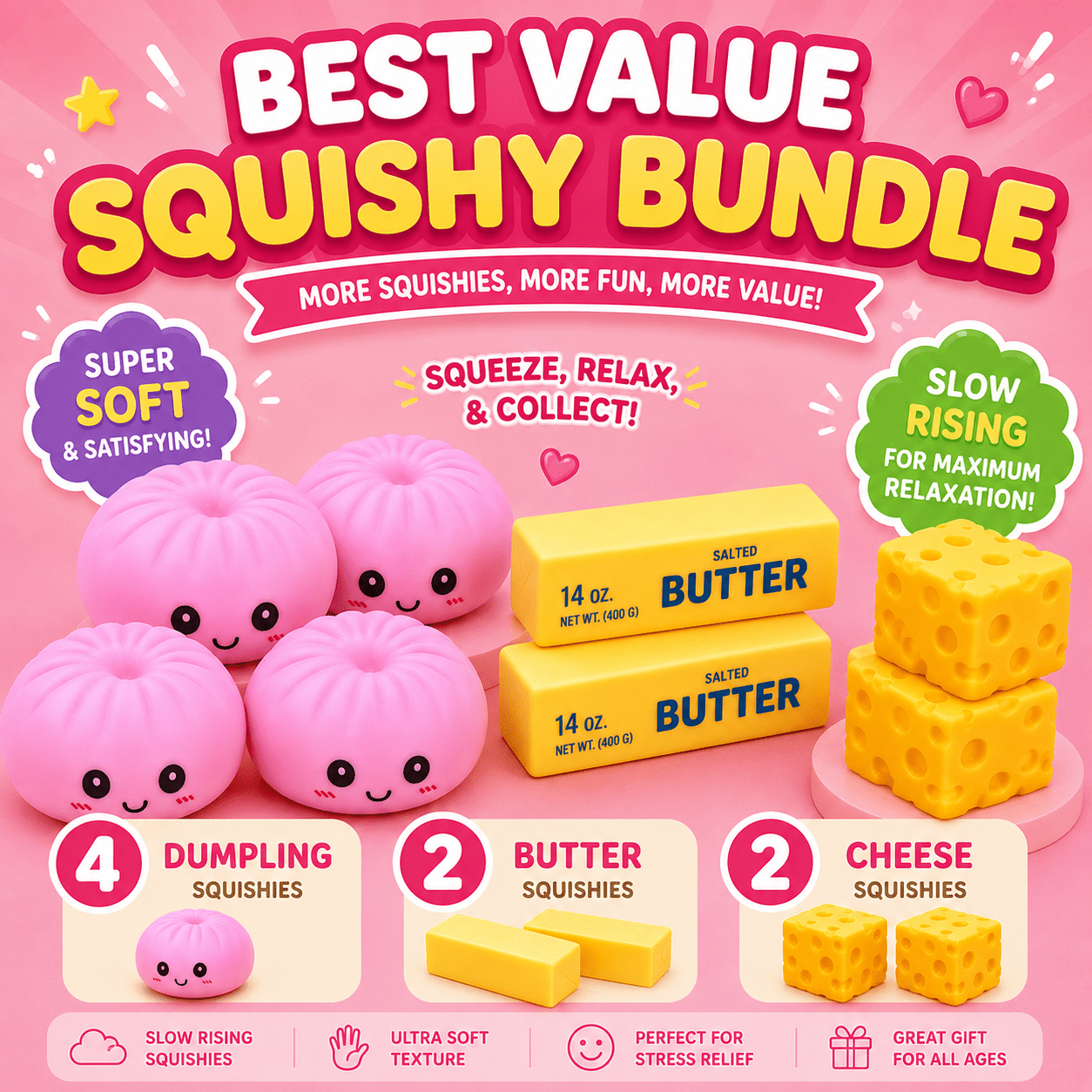 Best Value Squishy Bundle | 4 Dumpling, 2 Butter & 2 Cheese Squishies - Bodega