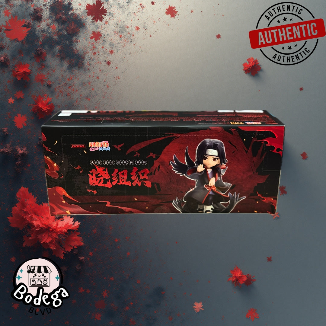 Itachi Labubu Akatsuki blind box display featuring chibi Itachi Uchiha in black robe with red clouds