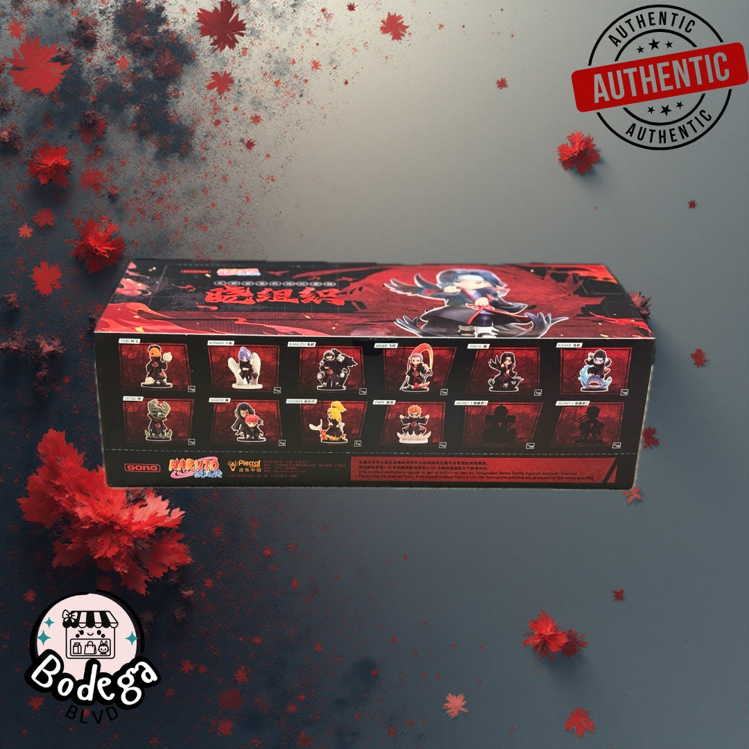 Naruto Akatsuki Itachi Labubu blind box collection case showing 12 possible figure variations