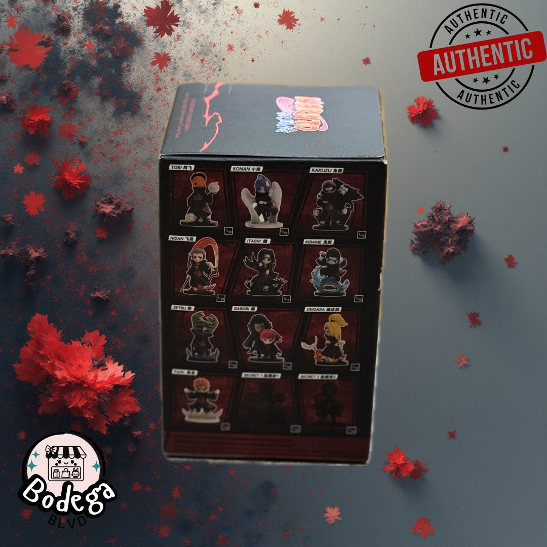 Itachi Labubu Akatsuki series blind box side panel displaying Naruto villain character lineup