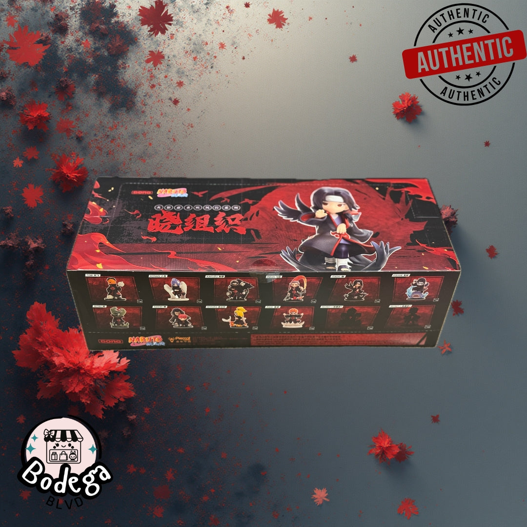 Itachi Labubu character lineup showing all Akatsuki members including Tobi, Konan, Kakuzu, Hidan, and Kisame collectible figures