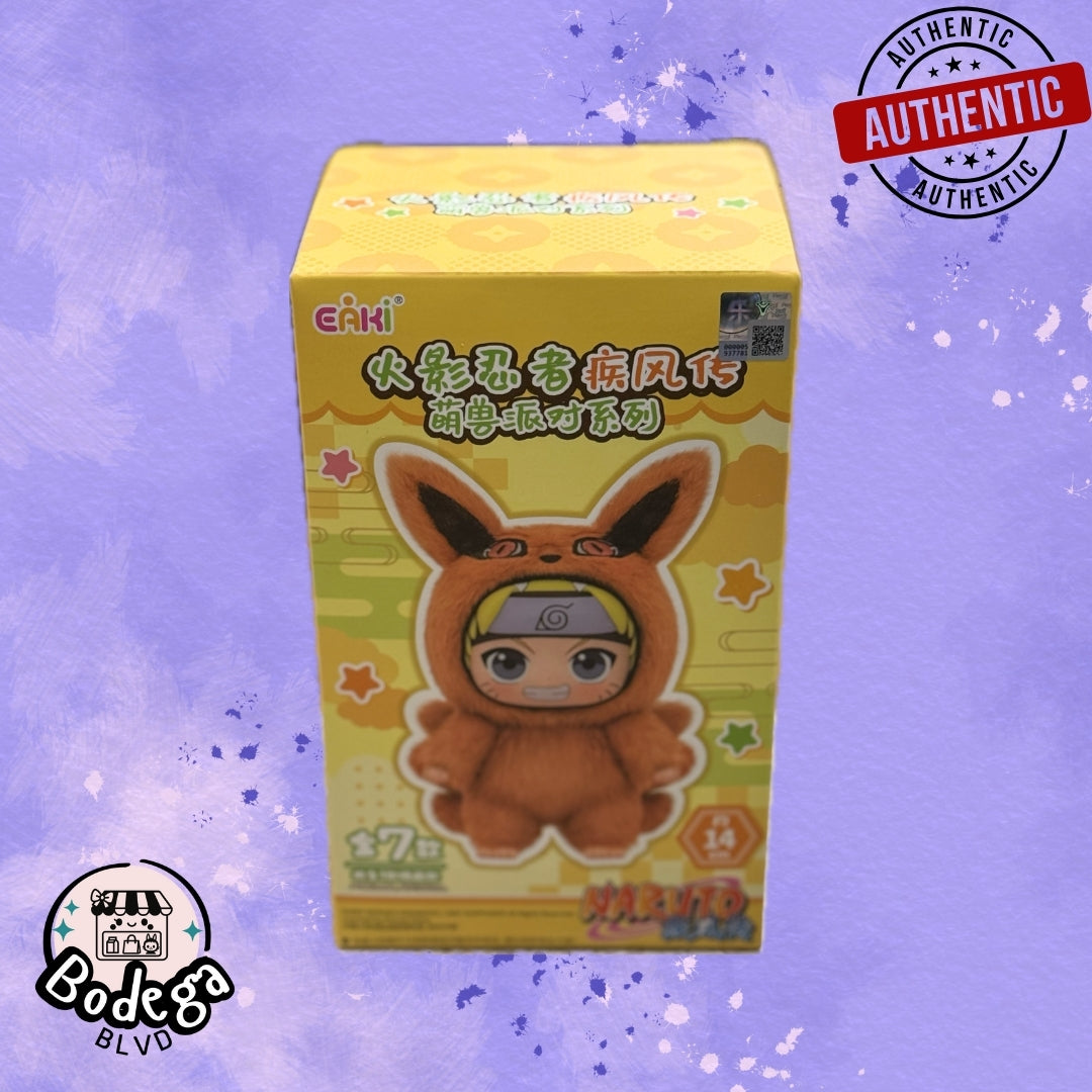Naruto Labubu eAki blind box featuring chibi character in orange Kurama nine-tailed fox costume with authentic seal