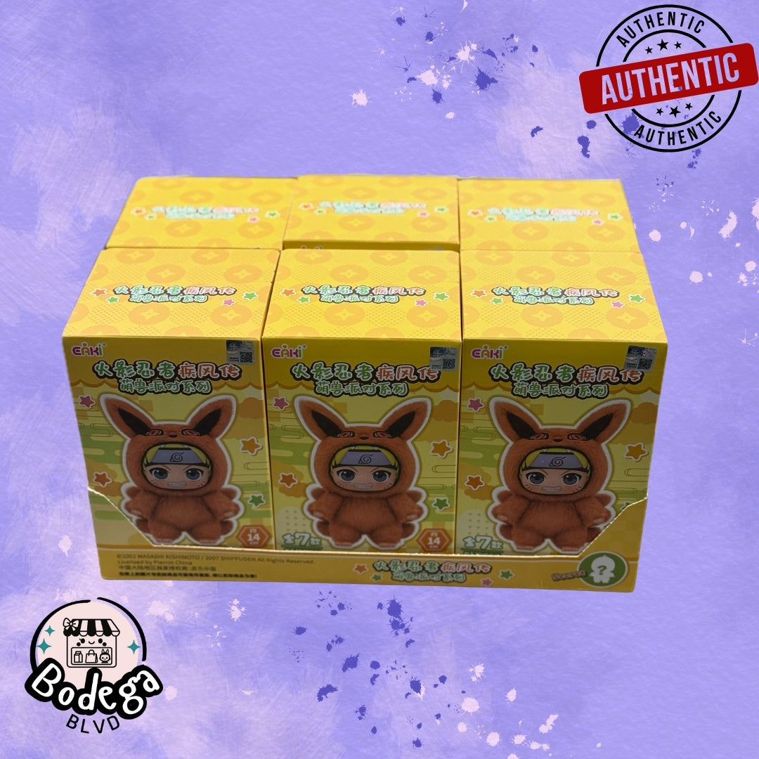 Naruto Labubu collectible figure set 6-pack arrangement showing authentic eAki blind boxes with Bodega BLVD branding