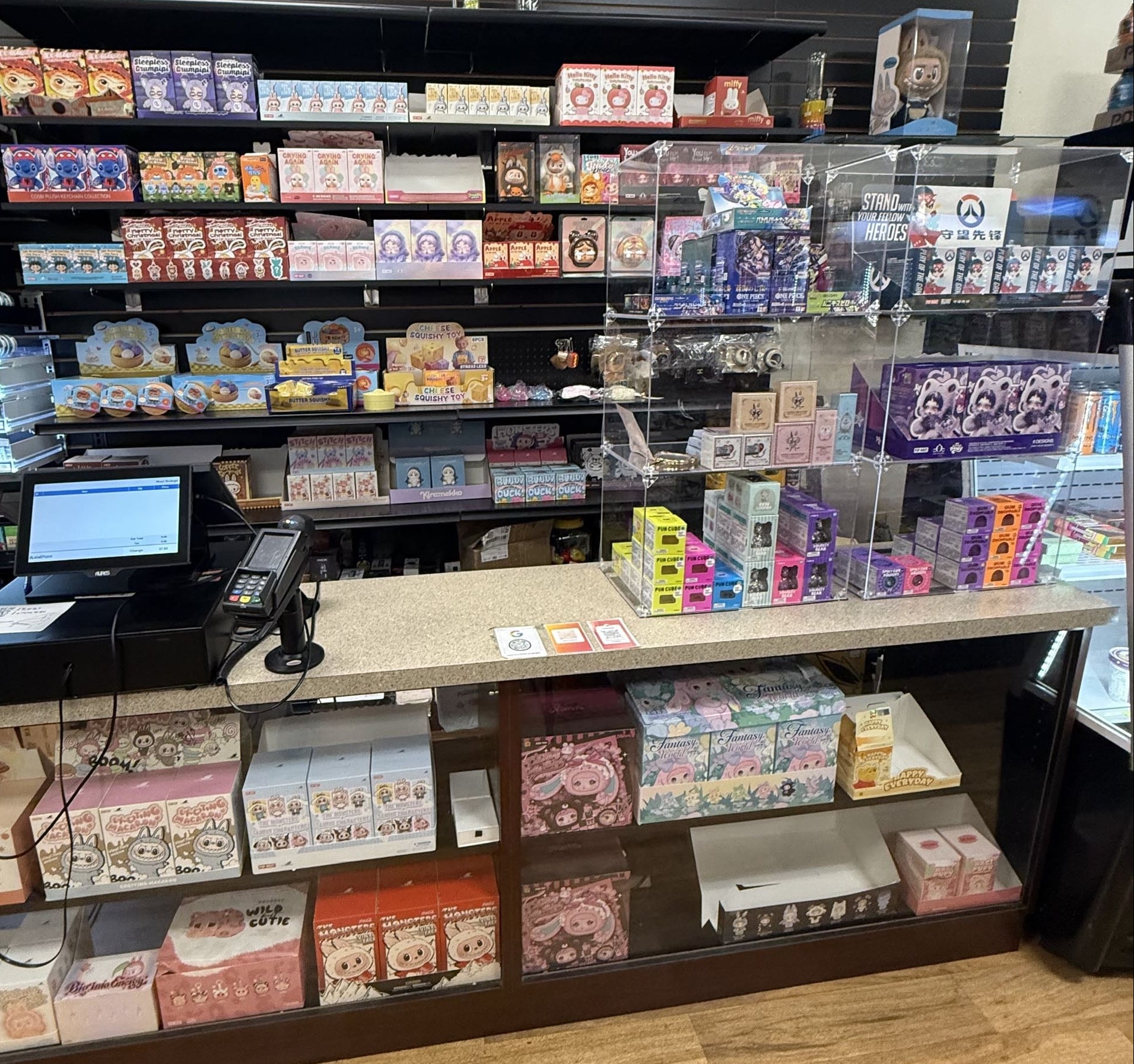 A wall of authentic blind boxes, squishies and viral snacks