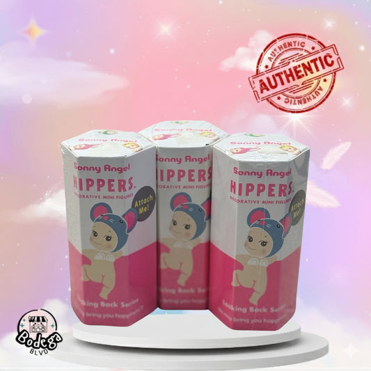 Three Sonny Angel Hippers Looking Back Series individual blind box pieces showing authentic packaging for single mini figure desk decoration