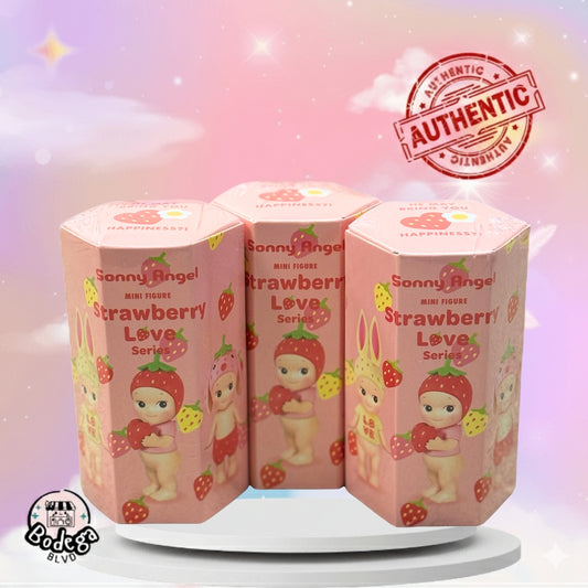 Sonny Angel Strawberry Love Series hexagonal blind boxes featuring cute baby angel figures in pink packaging
